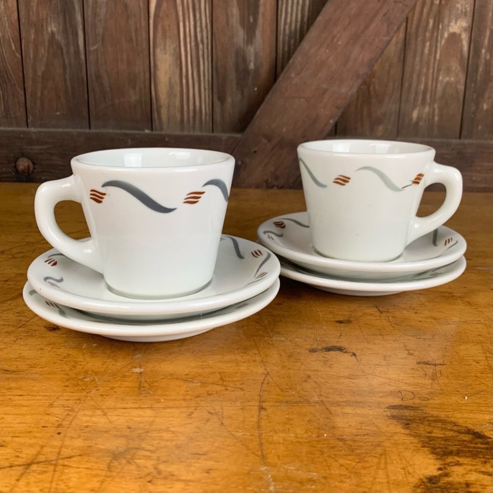 Vtg Sterling China Restaurant Ware Grey Red Wave Cup Saucer Bread Plate Set of 2